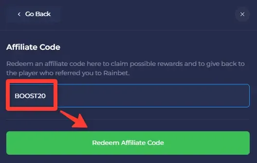 Rainbet Affiliate Code panel with BOOST20 typed into the field and a green Redeem Affiliate Code button below