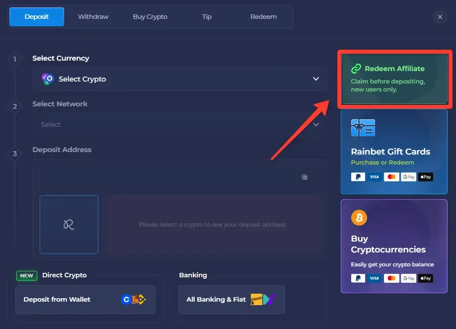 Rainbet Deposit screen with the Redeem Affiliate panel highlighted on the right, above Gift Cards and Buy Cryptocurrencies