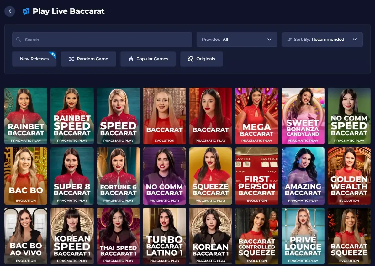 Rainbet Play Live Baccarat lobby with Rainbet Baccarat, Speed Baccarat, No Commission Baccarat, Squeeze Baccarat and Mega Baccarat tables