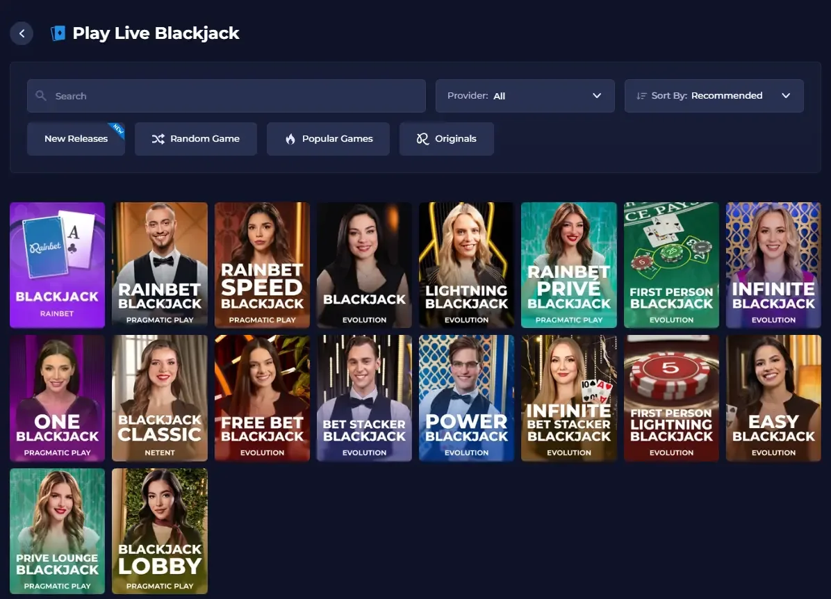 Rainbet Play Live Blackjack lobby with Rainbet Blackjack, Speed Blackjack, Lightning Blackjack, Infinite Blackjack and Free Bet Blackjack tables