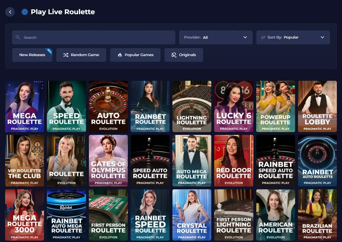 Rainbet Play Live Roulette lobby with Mega Roulette, Speed Roulette, Auto Roulette, Lightning Roulette and American Roulette tables