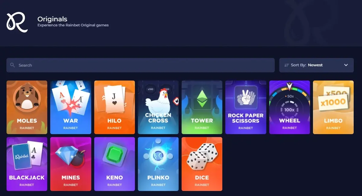 Rainbet Originals lobby with Moles, War, Hilo, Chicken Cross, Tower, Wheel, Limbo, Mines, Keno, Plinko and Dice
