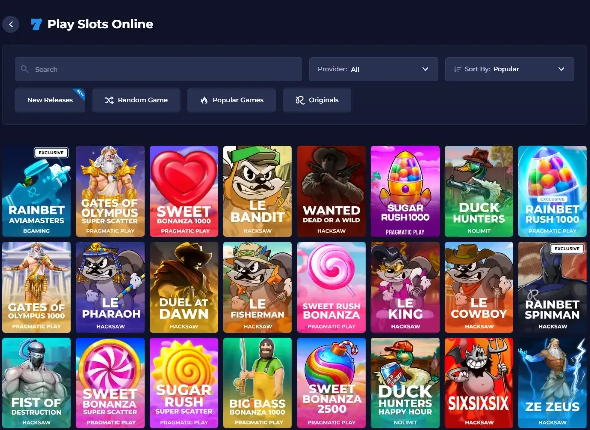 Rainbet Play Slots Online lobby showing games such as Gates of Olympus 1000, Sweet Bonanza and Le Bandit with provider filters
